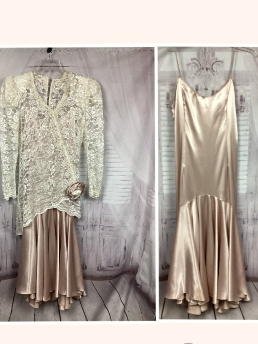 Vintage 80s 2 Piece Dress Set Pink Cream Lace Formal